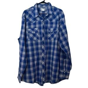 Wrangler Mens Wrancher Pearl Snap Plaid Western Long Sleeve Shirt Size 2XLT Blue